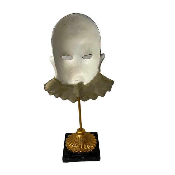 Harlequin Pierrot Clown Head Mask on a stick Gold collar Black Pedestal  Decorat - Picture 3 of 8